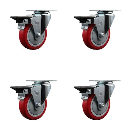Service Caster 4'' Red Poly Wheel Swivel Top Plate Caster Set with Posi Brake, 4PK SCC-20S414-PPUB-RED-PLB-4
